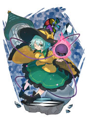 Rule 34 | 1girl, black footwear, black hat, boots, bow, castle, commentary request, eyeball, frilled skirt, frilled sleeves, frills, full body, green eyes, green hair, green skirt, hashiro, hat, hat bow, highres, komeiji koishi, one eye closed, shirt, short hair, simple background, skirt, solo, stained glass, third eye, touhou, white background, yellow shirt