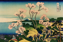 Rule 34 | 6+boys, 6+girls, absurdres, bald, black hair, blue sky, cherry blossoms, drinking, facing away, fence, fine art parody, gradient sky, hand fan, hat, highres, hill, hokusai, japan, japanese clothes, kimono, looking at another, masu, mount fuji, mountain, multiple boys, multiple girls, nihonga, original, pale skin, parody, rooftop, sky, straw hat, thirty-six views of mount fuji, traditional media, translation request, tree, ukiyo-e, unworn headwear, volcano