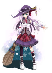 Rule 34 | 1girl, asymmetrical clothes, brook (one piece), detached sleeves, dress, fatkewell, green eyes, hat, highres, long hair, original, outstretched arms, purple hair, purple socks, single sock, single thighhigh, socks, solo, star (symbol), thighhighs, witch hat