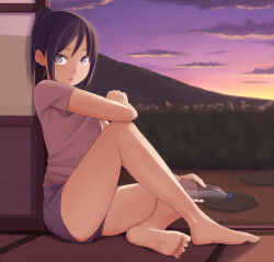 Rule 34 | 1girl, against wall, barefoot, bottle, cloud, artistic error, feet, leg up, legs, long hair, long legs, looking back, open mouth, original, pinkwaters, ponytail, purple eyes, purple hair, shirt, shorts, soles, solo, sunset, thighs, toes, water bottle, wrong foot