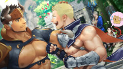 Rule 34 | 4boys, abs, bara, beard, biceps, black hair, blonde hair, boots, capelet, chest belt, crossed arms, delafere (gyee), facial hair, falling leaves, fingerless gloves, gauntlets, gloves, grancy (gyee), gyee, headband, heart, highres, horns, itto (mentaiko), jewelry, key, key necklace, lance, large pectorals, leaf, looking at another, male focus, manly, mature male, multiple boys, muscular, muscular male, necklace, nipples, non-web source, open mouth, outdoors, pectorals, polearm, ruins, short hair, smile, spear, spiked hair, sunlight, sven (gyee), takashi (gyee), teeth, thick arms, tongue, tree, weapon, white hair