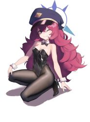 Rule 34 | 1girl, absurdres, arm support, bare shoulders, black bow, black bowtie, black footwear, black leotard, black pantyhose, blue archive, bow, bowtie, breasts, cleavage, detached collar, full body, grey eyes, hair between eyes, halo, hat, helenhe, high heels, highres, iroha (blue archive), leotard, light blush, long hair, military hat, one eye closed, pantyhose, peaked cap, red hair, shadow, simple background, small breasts, smile, squatting, strapless, strapless leotard, thighs, wavy hair, white background, wrist cuffs