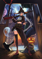 Rule 34 | 1boy, 1girl, 1other, basket, bath, black headwear, black robe, black shirt, boots, breasts, buckle, building, carrying over shoulder, castle, colored skin, cosplay, explosive, eyepatch, ghost, green skin, grenade, grey hair, gun, halloween, hammer, hat, highres, holding, holding basket, holding gun, holding weapon, long hair, long sleeves, looking at viewer, low ponytail, midriff, object through head, orange eyes, original, pouch, pumpkin hat, reaching, reaching towards viewer, red footwear, robe, screw in head, shirt, short shorts, shorts, shotgun, skirt, sledgehammer, small breasts, snap-fit buckle, stitched face, stitches, thighhighs, torn clothes, torn skirt, very long hair, weapon, white shorts, white thighhighs, witch, witch hat, yakupan