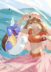 Rule 34 | 1girl, ;d, aqua eyes, arm up, brown hair, commentary request, creatures (company), cropped shirt, eyelashes, fadingz, game freak, gem, gen 1 pokemon, green gemstone, hat, highres, holding, holding poke ball, jewelry, looking at viewer, may (pokemon), medium hair, midriff, navel, necklace, nintendo, one eye closed, open mouth, orange shirt, pink headwear, pink skirt, poke ball, poke ball (basic), pokemon, pokemon (anime), pokemon (creature), pokemon dppt (anime), shirt, short sleeves, skirt, smile, wartortle, water drop