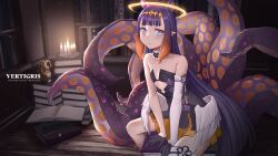 Rule 34 | 1girl, artist name, asymmetrical sleeves, bare shoulders, blue eyes, blunt bangs, book, book stack, candle, feathered wings, flat chest, glowing, gradient hair, halo, highres, hololive, hololive english, long hair, looking at viewer, multicolored hair, ninomae ina&#039;nis, ninomae ina&#039;nis (1st costume), orange hair, pointy ears, purple hair, sidelocks, solo, tentacle hair, tentacles, vertigris, very long hair, virtual youtuber, white wings, wings