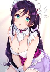 Rule 34 | 10s, 1girl, :3, bad id, bad pixiv id, blush, breasts, cleavage, collar, frill trim, frilled collar, frills, goroo (eneosu), gradient background, green eyes, hair between eyes, headdress, highres, large breasts, long hair, love live!, love live! school idol project, maid headdress, mogyutto &quot;love&quot; de sekkin chuu!, open mouth, purple hair, purple sash, sash, sleeveless, solo, tojo nozomi
