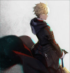 Rule 34 | 1boy, armor, arthur pendragon (fate), arthur pendragon alter (fate), back, blonde hair, dark persona, excalibur (fate/prototype), fate/prototype, fate (series), hakusai (tiahszld), looking at viewer, looking back, male focus, planted, planted sword, planted weapon, solo, sword, weapon, yellow eyes