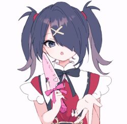 Rule 34 | 1girl, ame-chan (needy girl overdose), black hair, black nails, black ribbon, grey eyes, hair ornament, hair over one eye, hands up, holding, holding knife, kabe (zp66104), knife, long hair, looking at viewer, lowres, nail polish, neck ribbon, needy girl overdose, open mouth, pink ribbon, red nails, red shirt, ribbon, shirt, simple background, solo, suspenders, twintails, upper body, white background, x hair ornament