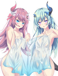 2girls :o absurdres armpits bare_shoulders blue_eyes blue_hair blush breasts collarbone commentary_request cowboy_shot fang hair_between_eyes hair_ornament highres honkai_(series) honkai_impact_3rd horns korean_commentary liliya_olenyeva long_hair looking_at_viewer medium_breasts multiple_girls naked_towel nude patpang pink_hair purple_eyes rozaliya_olenyeva siblings sidelocks simple_background single_horn skin_fang standing tail towel twins white_background