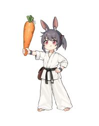 Rule 34 | 1girl, :q, animal ears, barefoot, belt, black belt, black hair, carrot, chinese commentary, commentary request, dougi, english text, full body, hand on own hip, highres, holding, holding carrot, kuma-bound, martial arts belt, medium hair, original, pants, rabbit ears, rabbit girl, red eyes, simple background, solo, standing, toes, tongue, tongue out, white background, white pants