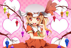 Rule 34 | 1girl, ascot, bad id, bad pixiv id, blonde hair, bow, calpish, checkered background, finger to mouth, flandre scarlet, hat, hat bow, heart, heart-shaped pupils, red eyes, side ponytail, solo, symbol-shaped pupils, touhou, wings