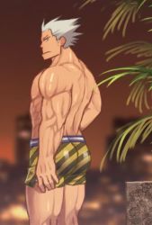Rule 34 | 1boy, alternate costume, ass, bara, boku no hero academia, death arms (boku no hero acadmia), expressionless, feet out of frame, from side, looking at viewer, male focus, male swimwear, muscular, muscular male, obliques, ono (ohno ha), print male swimwear, short hair, solo, spiked hair, swim briefs, thighs, topless male, yellow male swimwear
