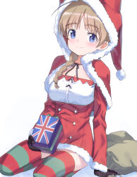 Rule 34 | 1girl, absurdres, blue eyes, brown hair, dress, fur-trimmed dress, fur trim, green thighhighs, hat, highres, looking at viewer, lynette bishop, mejina, red dress, red hat, red thighhighs, santa costume, santa dress, santa hat, smile, solo, strike witches, striped clothes, striped thighhighs, thighhighs, union jack, white background, world witches series