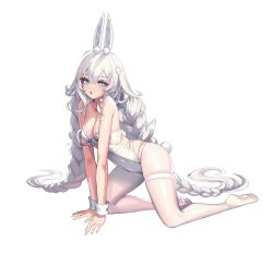 Rule 34 | 1girl, 2v (joyeong), :o, absurdres, all fours, animal ears, ass, azur lane, bare shoulders, blue eyes, braid, breasts, cleavage, highleg, highleg leotard, highres, kneeling, le malin (azur lane), le malin (listless lapin) (azur lane), leotard, open mouth, pantyhose, playboy bunny, rabbit ears, rabbit tail, simple background, skin tight, skindentation, small breasts, solo, tail, thigh strap, thighs, twin braids, white hair, white leotard, white pantyhose