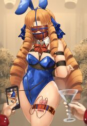 Rule 34 | 1girl, absurdres, animal ears, arms behind back, bdsm, blindfold, blonde hair, blue bow, blue leotard, bondage, bound, bound arms, bow, breasts, cleavage, collar, commission, covered navel, dankestofdans, drill hair, fate/hollow ataraxia, fate (series), gagged, hair bow, highres, large breasts, leotard, long hair, luviagelita edelfelt, object insertion, playboy bunny, rabbit ears, sex toy, shibari, shibari over clothes, solo, thigh strap, vaginal, vaginal object insertion, very long hair, vibrator