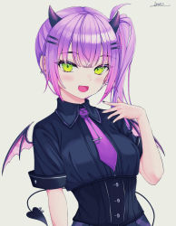 Rule 34 | 1girl, bad id, bad pixiv id, black nails, black shirt, breasts, collared shirt, demon girl, demon horns, demon tail, demon wings, fang, green eyes, hand up, highres, hololive, horns, long hair, looking at viewer, nail polish, necktie, open mouth, piercing, purple hair, purple necktie, shirt, short hair, side ponytail, signature, simple background, smile, solo, tail, tail ornament, tail piercing, tie clip, tokoyami towa, tsurime, underbust, upper body, vini (frisco), virtual youtuber, wings
