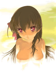Rule 34 | 1girl, breasts, brown eyes, brown hair, expressionless, face, long hair, mocha, nude, onsen, open mouth, red eyes, solo
