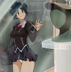 Rule 34 | 1girl, agent aika, ahoge, aika (series), ascot, bag, black delmo, black jacket, black skirt, blue hair, breasts, brown eyes, cabbie hat, closed mouth, commentary, covered erect nipples, cowboy shot, delmo, delmogeny uniform, english commentary, extra, hand on glass, hand up, hat, indoors, jacket, juliet sleeves, long sleeves, looking at viewer, mannequin, medium breasts, miniskirt, panties, pleated skirt, puffy sleeves, reflection, short hair, skirt, smile, solo, standing, turnip007, underwear, white panties, window