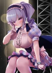 Rule 34 | 1girl, azur lane, breasts, center frills, chair, clothing cutout, dido (azur lane), dido (muse) (azur lane), folding chair, framed breasts, frilled headband, frilled skirt, frills, gloves, highres, idol clothes, large breasts, long hair, looking at viewer, pink eyes, shinka (yonkun121), short sleeves, side ponytail, sitting, skirt, solo, underboob cutout, white gloves