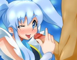Rule 34 | 10s, 1boy, 1girl, 4shi, :p, blue eyes, blue hair, blush, censored, cure princess, handjob, happinesscharge precure!, hetero, long hair, looking at viewer, magical girl, mosaic censoring, one eye closed, penis, precure, shirayuki hime, solo focus, tongue, tongue out, twintails, wink