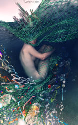 Rule 34 | 1girl, aqua hair, bird, bottle, bottle cap, breasts, commentary, drinking straw, english commentary, entangled, fetal position, highres, hugging own legs, knees to chest, lips, looking at viewer, medium breasts, net, nude, original, plastic wrap, seagull, solo, trash, underwater, watermark, web address, yuumei