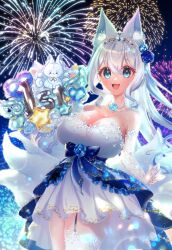 Rule 34 | 1girl, 1st, absurdres, amaiami (vtuber), animal, animal ears, balloon, blue eyes, blue flower, blue rose, breasts, cat, closed eyes, detached sleeves, dress, fang, fireworks, flower, happy, highres, large breasts, long hair, night, night sky, open mouth, rose, seta makoto, sky, tail, tiara, white dress, white hair