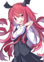 Rule 34 | 1girl, absurdres, black skirt, black vest, blush, breasts, collared shirt, commentary, demon girl, demon wings, fang, hair between eyes, head wings, highres, holding hands, koakuma, long hair, long sleeves, looking at viewer, necktie, open mouth, red eyes, red hair, red necktie, saimu taju, shirt, simple background, skirt, small breasts, smile, solo, touhou, vest, white background, white shirt, wings