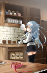 Rule 34 | 1girl, ahoge, anchor symbol, black thighhighs, blue eyes, blue hair, blurry, blurry background, blush, box, cabinet, cake, cake slice, chocolate, chocolate cake, coffee maker, cup, depth of field, food, fork, heart-shaped box, hibiki (kancolle), highres, indoors, jar, kantai collection, kitchen, long sleeves, oni (onirenger), open box, plate, profile, saucer, shelf, shirt, sideways mouth, solo, standing, stone wall, straight hair, table, thighhighs, verniy (kancolle), wall, white shirt, wooden table, zettai ryouiki