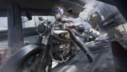 Rule 34 | 1girl, absurdres, arknights, black footwear, black gloves, black shorts, blue hair, blue leggings, bridge, building, ch&#039;en (arknights), closed mouth, cloud, fingerless gloves, gloves, highres, horns, leggings, long hair, looking at viewer, motor vehicle, motorcycle, on motorcycle, outdoors, red eyes, revision, shirt, shoes, shorts, sitting, solo, traffic cone, traffic light, wa (user snch2757), white shirt