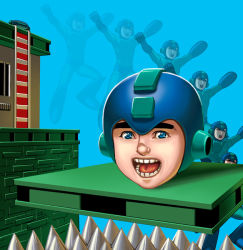 Rule 34 | 1boy, 1up, :d, afterimage, arm cannon, arms up, blue background, blue eyes, building, capcom, disembodied head, helmet, jumping, kouno (masao), ladder, looking at viewer, mega man (character), mega man (classic), mega man (series), motion blur, multiple persona, open mouth, parody, realistic, simple background, smile, spikes, teeth, weapon, window
