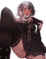 Rule 34 | absurdres, artist request, black panties, goth fashion, highres, holoadvent, hololive, hololive english, multicolored hair, panties, phone, shiori novella, single thighhigh, thighhighs, two-tone hair, underwear, upskirt, virtual youtuber, yellow eyes