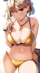 Rule 34 | 1girl, atelier (series), atelier ryza, atelier ryza 2, banned artist, bare shoulders, belko, bikini, black ribbon, blush, braid, breasts, brown eyes, brown hair, cleavage, collarbone, hair ribbon, halterneck, highres, jewelry, key, key necklace, large breasts, looking at viewer, navel, neckerchief, necklace, open mouth, reisalin stout, ribbon, side braid, solo, string bikini, swimsuit, thighs, wet, yellow bikini, yellow neckerchief