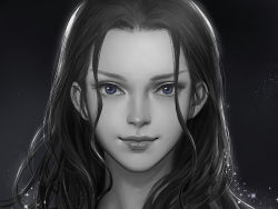 Rule 34 | 1girl, black background, black hair, blue eyes, closed mouth, eyelashes, greyscale, kdash, lens flare, light particles, lips, long hair, looking at viewer, monochrome, nico robin, one piece, portrait, realistic, smile, solo, sparkle, spot color