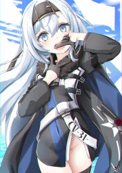 Rule 34 | 1girl, :d, azur lane, black coat, black dress, black gloves, blue eyes, blush, bon homme richard (azur lane), breasts, brown hairband, coat, commentary request, commission, covered navel, dress, eagle union (emblem), fur-trimmed coat, fur trim, gloves, groin, gudon (iukhzl), hair between eyes, hairband, hand gesture, hands up, happy, highres, long hair, long sleeves, looking at viewer, no panties, ocean, open clothes, open coat, open mouth, pixiv commission, side slit, skin tight, small breasts, smile, solo, teeth, thighhighs, upper teeth only, upskirt, very long hair, water, white hair
