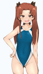 Rule 34 | 1girl, blush, brown hair, collarbone, girls und panzer, hair ribbon, hand on own hip, highres, kadotani anzu, long hair, looking at viewer, ngc20701, one-piece swimsuit, open mouth, ribbon, school swimsuit, simple background, solo, swimsuit, twintails