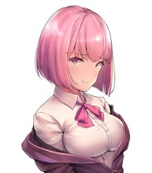 Rule 34 | 10s, 1girl, bow, bowtie, breasts, gridman universe, highres, large breasts, lolicondeath1, looking at viewer, pink bow, pink bowtie, pink eyes, pink hair, shinjou akane, shirt, short hair, simple background, smile, solo, ssss.gridman, upper body, white background, white shirt