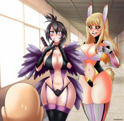 Rule 34 | 1boy, 2girls, :d, absurdres, bald, black hair, black sclera, blonde hair, blush, breasts, cleavage, colored sclera, curvy, cyborg, elbow gloves, genderswap, genderswap (mtf), genos, gloves, heart, heart-shaped pupils, highres, huge breasts, large breasts, long hair, looking at another, multiple girls, navel, one-punch man, onsoku no sonic, open mouth, rabbit ears, rabbit tail, saitama (one-punch man), smile, sweatdrop, symbol-shaped pupils, teeth, themightfenek, weapon, wide hips