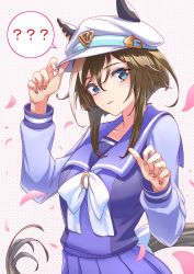 Rule 34 | 1girl, ?, animal ears, arm up, blue eyes, blue shirt, blue skirt, brown hair, cabbie hat, cheval grand (umamusume), commentary request, ears through headwear, hair between eyes, hand on headwear, hand up, hat, highres, horse ears, horse girl, horse tail, long sleeves, multicolored hair, nabe puyo, parted lips, petals, pleated skirt, polka dot, polka dot background, puffy long sleeves, puffy sleeves, school uniform, shirt, skirt, solo, spoken question mark, streaked hair, tail, tracen school uniform, umamusume, white hair, white hat