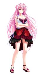Rule 34 | 1girl, amasaka takashi, bare shoulders, breasts, cleavage, crossed arms, dress, full body, highres, large breasts, long hair, looking away, official art, pink eyes, pink hair, sandals, short dress, sleeveless, smile, solo, transparent background, unionism quartet, very long hair