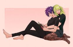 Rule 34 | 1boy, 1girl, barefoot sandals (jewelry), black pants, black shirt, black shorts, book, brown pantyhose, byleth (female) (fire emblem), byleth (fire emblem), closed eyes, closed mouth, commentary request, enlightened byleth (female), fire emblem, fire emblem: three houses, fire emblem warriors: three hopes, green hair, hair between eyes, hug, hug from behind, long hair, nintendo, no shoes, nzmnnkk, pants, pantyhose, profile, purple eyes, purple hair, shez (fire emblem), shez (male) (fire emblem), shirt, short hair, short sleeves, shorts, simple background, sitting, toes, twitter username