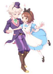 Rule 34 | 1boy, 1girl, alternate costume, apron, bede (pokemon), belt, belt buckle, blue dress, boots, brown hair, buckle, coattails, creatures (company), curly hair, dede (qwea 00000), dress, frilled dress, frills, game freak, gloria (pokemon), highres, holding hands, looking at another, nintendo, pokemon, pokemon swsh, sparkle, white background, white hair