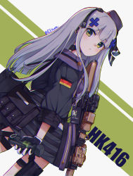 Rule 34 | 1girl, 404 (girls&#039; frontline), absurdres, assault rifle, bei hua, beret, dutch angle, german flag, girls&#039; frontline, gloves, green background, green eyes, grey background, gun, h&amp;k hk416, hat, headgear, heckler &amp; koch, highres, hk416 (girls&#039; frontline), hk416 (mod3) (girls&#039; frontline), id card, jacket, long hair, looking at viewer, military jacket, multicolored background, official alternate costume, rifle, solo, thigh strap, weapon, white hair