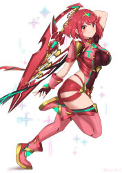 Rule 34 | 1girl, absurdres, black gloves, closed mouth, commentary request, earrings, fingerless gloves, full body, gloves, highres, holding, holding sword, holding weapon, jewelry, looking at viewer, pink footwear, pink thighhighs, pyra (xenoblade), red eyes, red hair, red shorts, ryochan96154, shoes, short hair, short shorts, shorts, simple background, smile, solo, sparkle, swept bangs, sword, thighhighs, weapon, white background, xenoblade chronicles (series), xenoblade chronicles 2