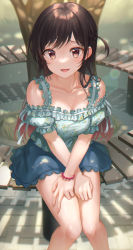 Rule 34 | 1girl, :d, absurdres, bare shoulders, blue skirt, blush, bracelet, braid, breasts, brown eyes, brown hair, cleavage, clothing request, collarbone, commentary, day, feet out of frame, floral print, frills, happy, highres, huge filesize, jewelry, kanojo okarishimasu, large breasts, long hair, looking at viewer, miniskirt, mizuhara chizuru, one side up, open mouth, outdoors, puffy short sleeves, puffy sleeves, short sleeves, sitting, skirt, smile, solo, symbol-only commentary, thighs, tokkyu, tree