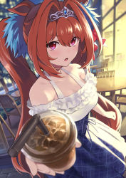Rule 34 | animal ears, arm at side, backlighting, bad id, bad twitter id, blue dress, blurry, blurry background, bokeh, brown hair, bubble tea, chair, city, clenched hand, commentary request, corset, cup, daiwa scarlet (umamusume), depth of field, diadem, disposable cup, dress, drinking straw, eyes visible through hair, frilled dress, frills, gem, hair between eyes, hair intakes, hair ornament, highres, holding, holding cup, horse ears, ice, ice cube, light, light blush, long hair, looking at viewer, nnen5605, off-shoulder dress, off shoulder, parted lips, plaid, plaid skirt, pom pom (clothes), pov, red eyes, shadow, skirt, solo, table, twintails, umamusume, white dress, window