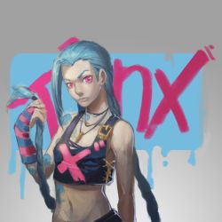 Rule 34 | 1girl, alternate costume, antenna hair, blue hair, braid, breasts, bridal gauntlets, bullet, character name, crop top, eyebrows, forehead, hei yaoshui, jewelry, jinx (league of legends), league of legends, long hair, midriff, navel, necklace, nose, pink eyes, small breasts, solo, tank top, tattoo, twin braids, very long hair