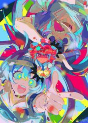 Rule 34 | 2girls, arm up, black eyes, blue dress, blue hair, closed mouth, confetti, dress, drill hair, gloves, hatsune miku, index finger raised, kasane teto, long hair, mesmerizer (vocaloid), multiple girls, multiple views, open mouth, pink eyes, pink hair, puffy short sleeves, puffy sleeves, senzzang, sharp teeth, short sleeves, sidelocks, smile, sparkling eyes, teeth, tongue, tongue out, twin drills, twintails, utau, very long hair, vocaloid, yellow gloves