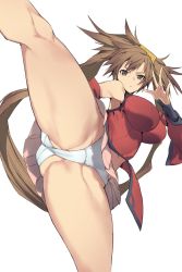 Rule 34 | 1girl, ass, breasts, brown eyes, brown hair, china dress, chinese clothes, detached sleeves, dress, from above, guilty gear, guilty gear xx, hair between eyes, hair ornament, highres, kicking, kuma (jk0073), kuradoberi jam, large breasts, long hair, looking at viewer, navel, panties, simple background, skirt, solo, standing, standing on one leg, thick thighs, thighs, underwear, upskirt, white background, white panties, wide sleeves