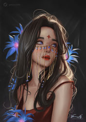 Rule 34 | 1girl, absurdres, black background, blue eyes, blue flower, blush, breasts, brown hair, collarbone, commentary, dress, english commentary, facial mark, flower, forehead mark, head tilt, highres, long hair, looking to the side, original, parted bangs, parted lips, photo-referenced, portrait, realistic, red dress, red lips, small breasts, solo, warren nguyen