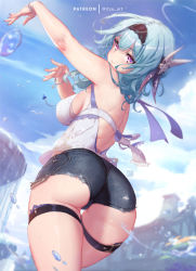 Rule 34 | 1girl, arm up, ass, backless outfit, bare arms, black hairband, blue hair, blue nails, blue shorts, blue sky, blurry, blurry background, breasts, closed mouth, commentary, cowboy shot, day, denim, denim shorts, english commentary, eula (genshin impact), fountain, from behind, genshin impact, hair between eyes, hair ornament, hairband, hand up, long hair, looking at viewer, looking back, medium breasts, mitsu (mitsu art), nail polish, outdoors, patreon username, purple eyes, shirt, short shorts, shorts, sideboob, sky, smile, solo, standing, thigh strap, thighs, water, white shirt, wristband